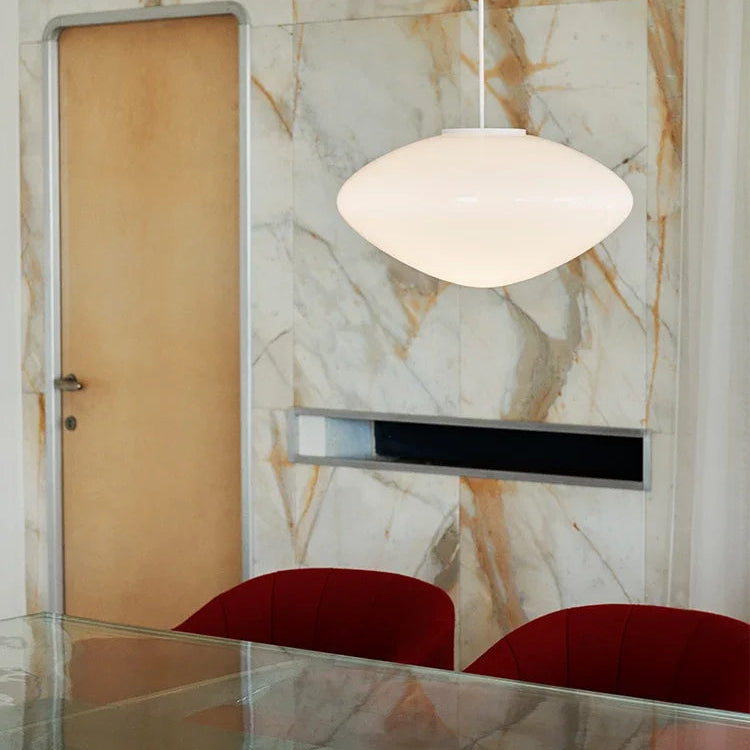 Large glass LED ceiling shade with adjustable suspension cable, measuring 37cm wide and 20cm high.