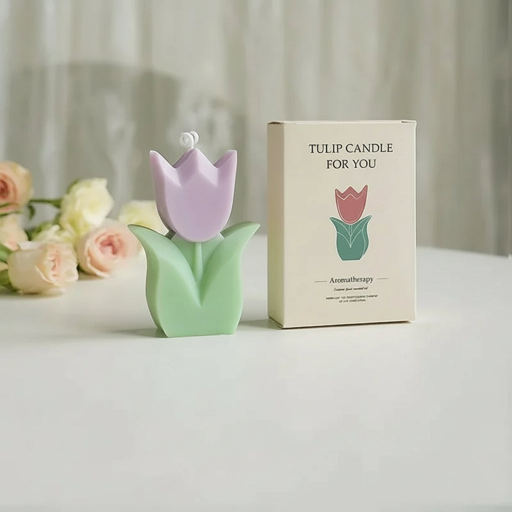Tulip-shaped candle with packaging on a neutral background