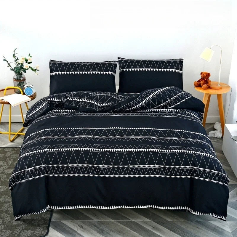 Black bedding set with white geometric line pattern