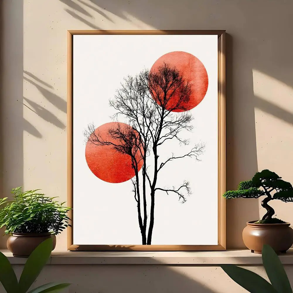 Modern canvas print with a tall bare tree silhouette and two red sun discs on a clean white background.