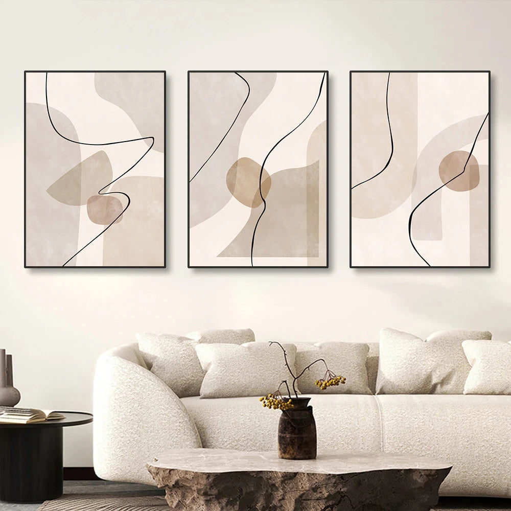 Three-panel abstract canvas set in beige and taupe tones with continuous line art design