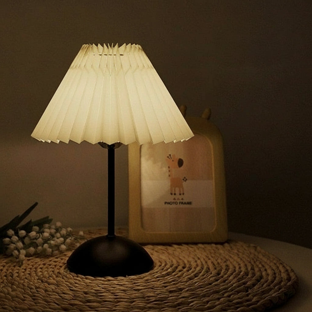 Decorative table lamp with pleated shade on a textured surface.