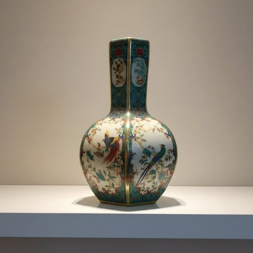 Decorative ceramic chopsticks holder with intricate patterns on a white surface.