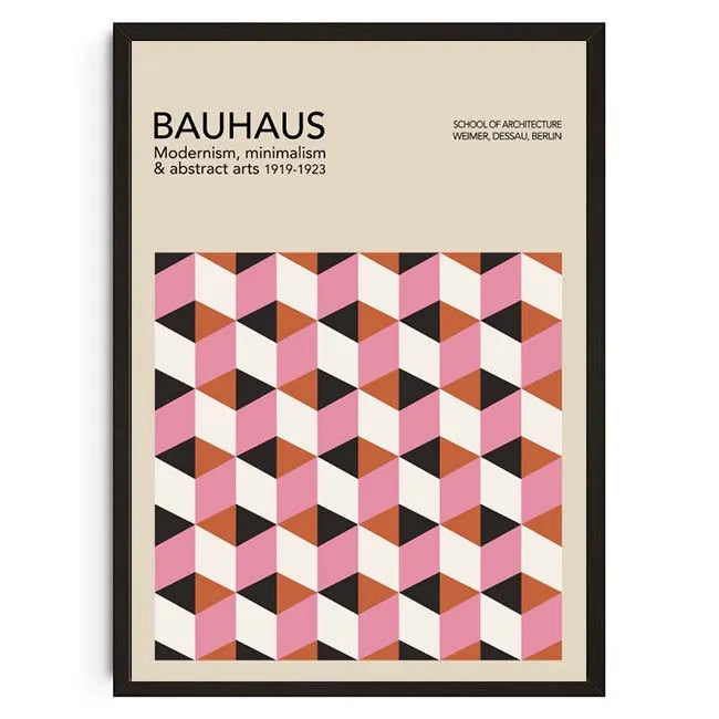 Framed poster with Bauhaus design and geometric pattern on a beige background