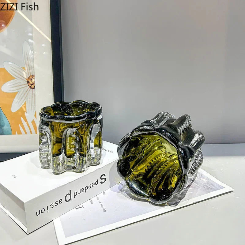 Olive smoke ripple glass vase angled display