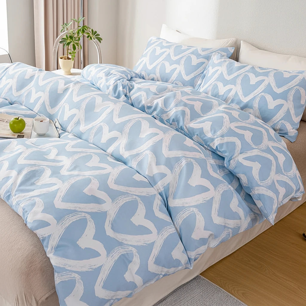 Blue and white heart-patterned bedding set on a bed with a washing machine next to it, indicating machine washability.
