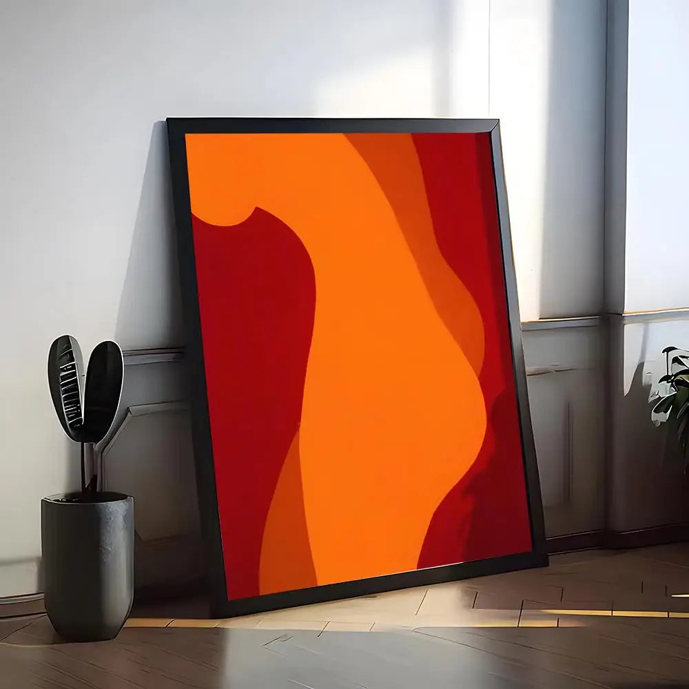 Abstract layered canvas art featuring warm tones of orange and deep red.