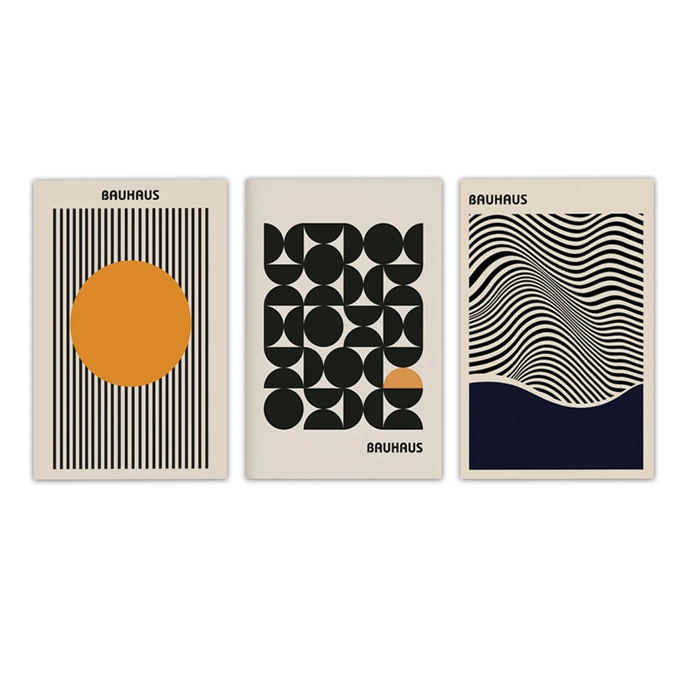 Three Bauhaus-style posters with geometric designs on a white background