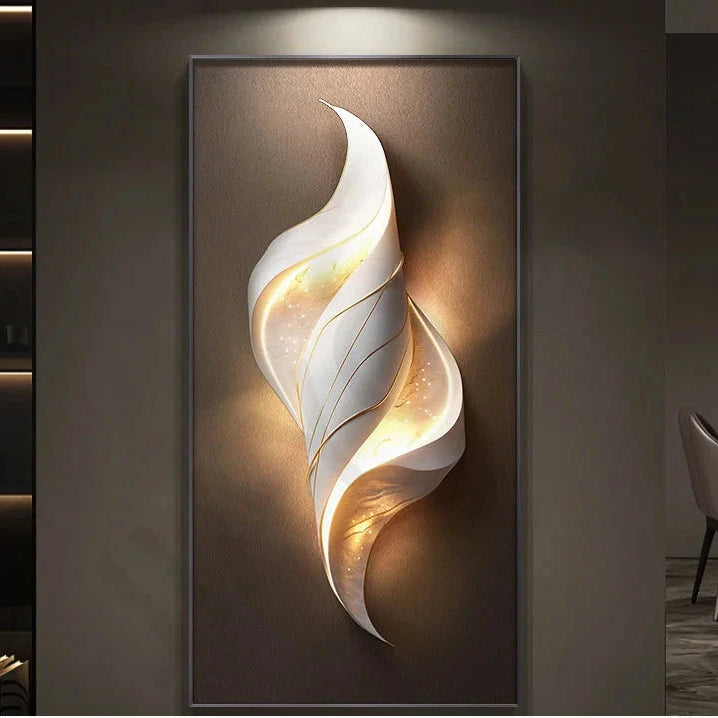 White sculptural LED wall art with flame-like swirl and glowing gold interior detail on a brown textured background