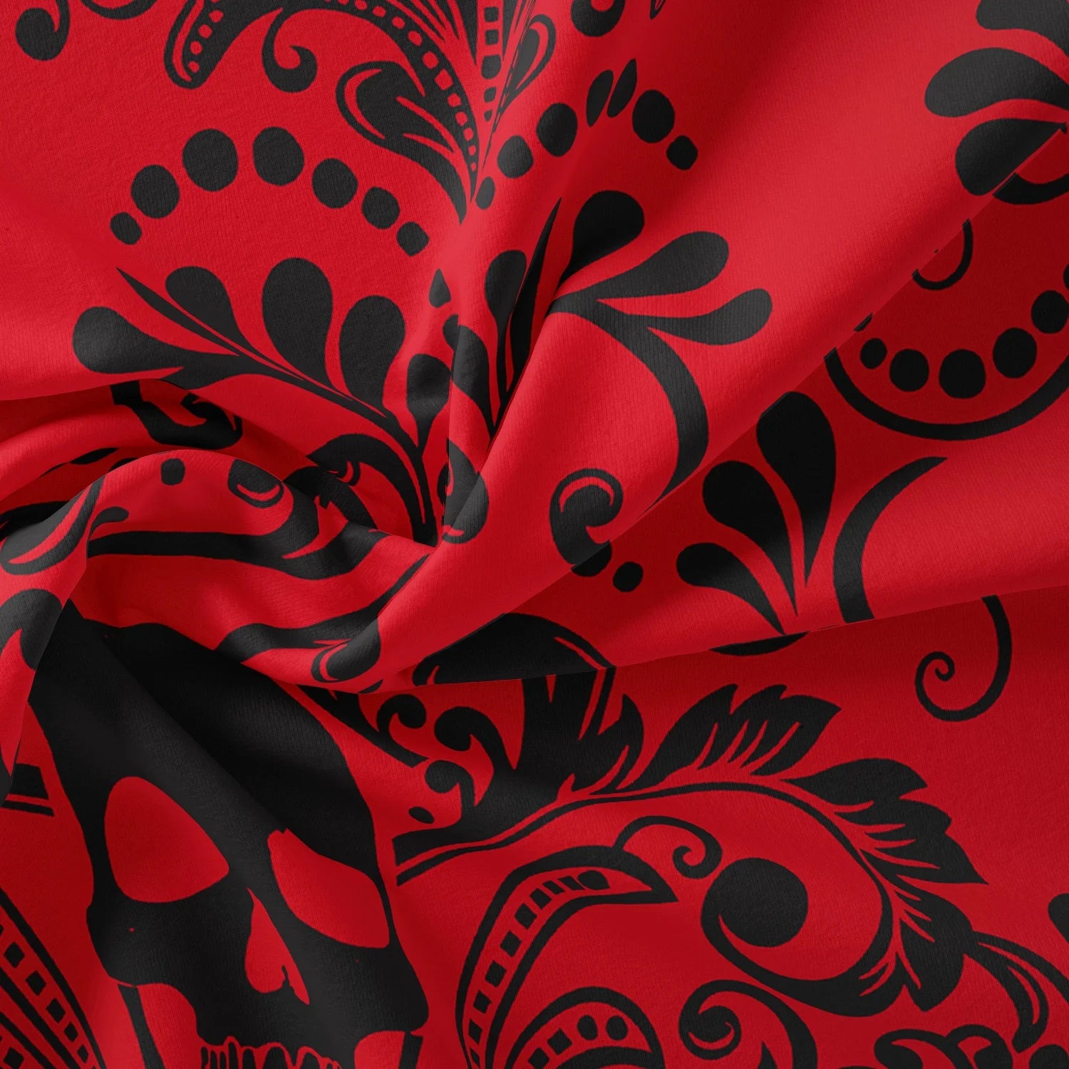 Crimson red skull print duvet cover close-up.