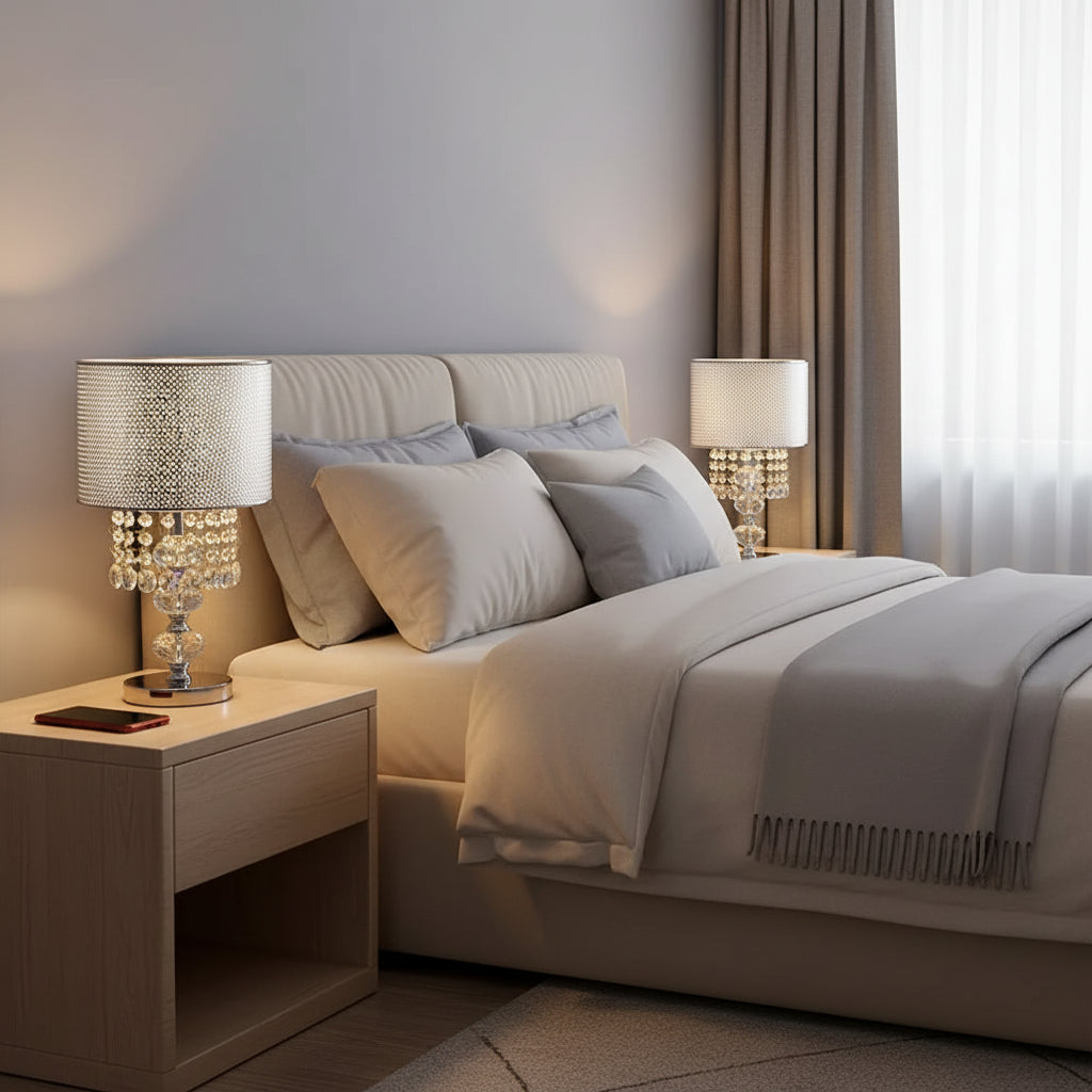 Luxury crystal pendant-style lamp with a silver perforated shade and hanging crystal beads.