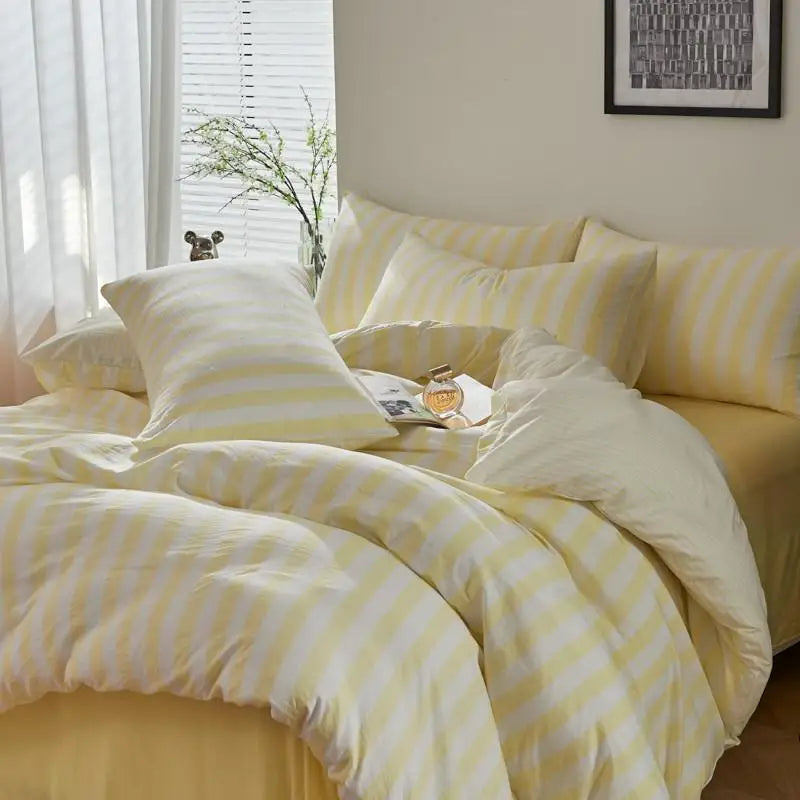 Butter yellow and white striped 4-piece bedding set in soft twill fabric