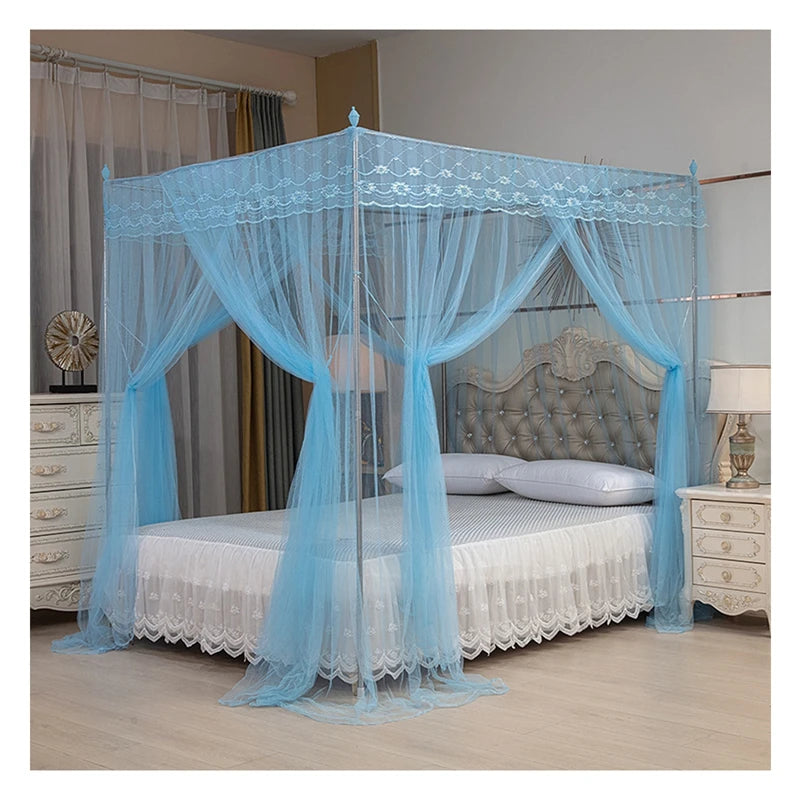 Sky blue four-poster lace canopy mosquito net draped over a bed