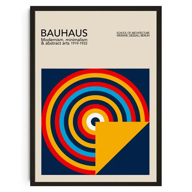Framed poster with Bauhaus design elements and colorful concentric circles.