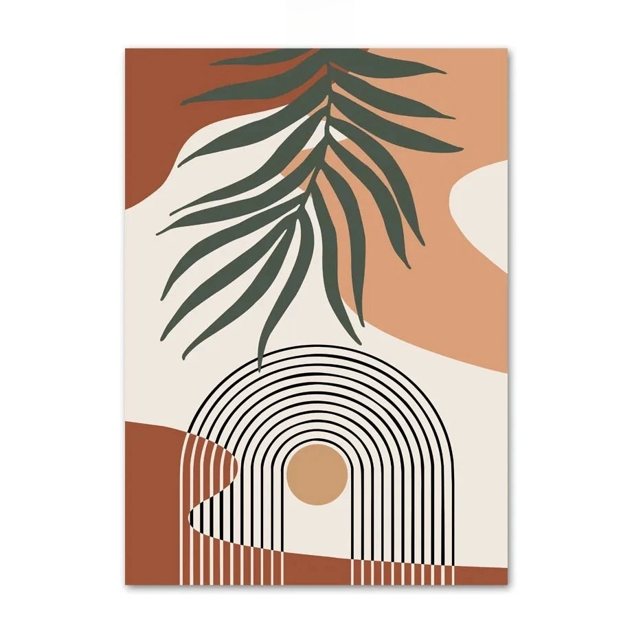 Abstract art print with leaf design on a brown and beige background