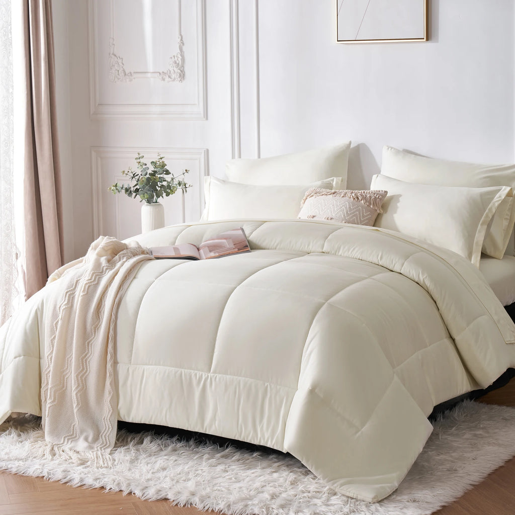 Neatly made bed with white bedding in a bright bedroom