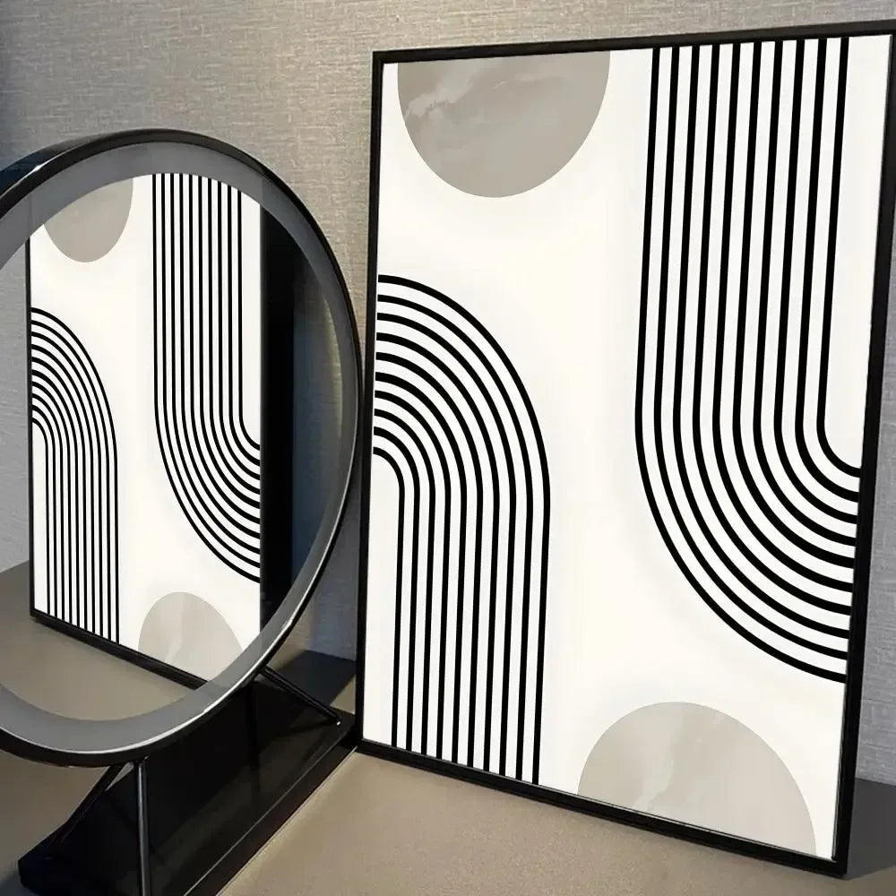 Neutral abstract wall art with curved black lines and soft beige shapes in minimalist style