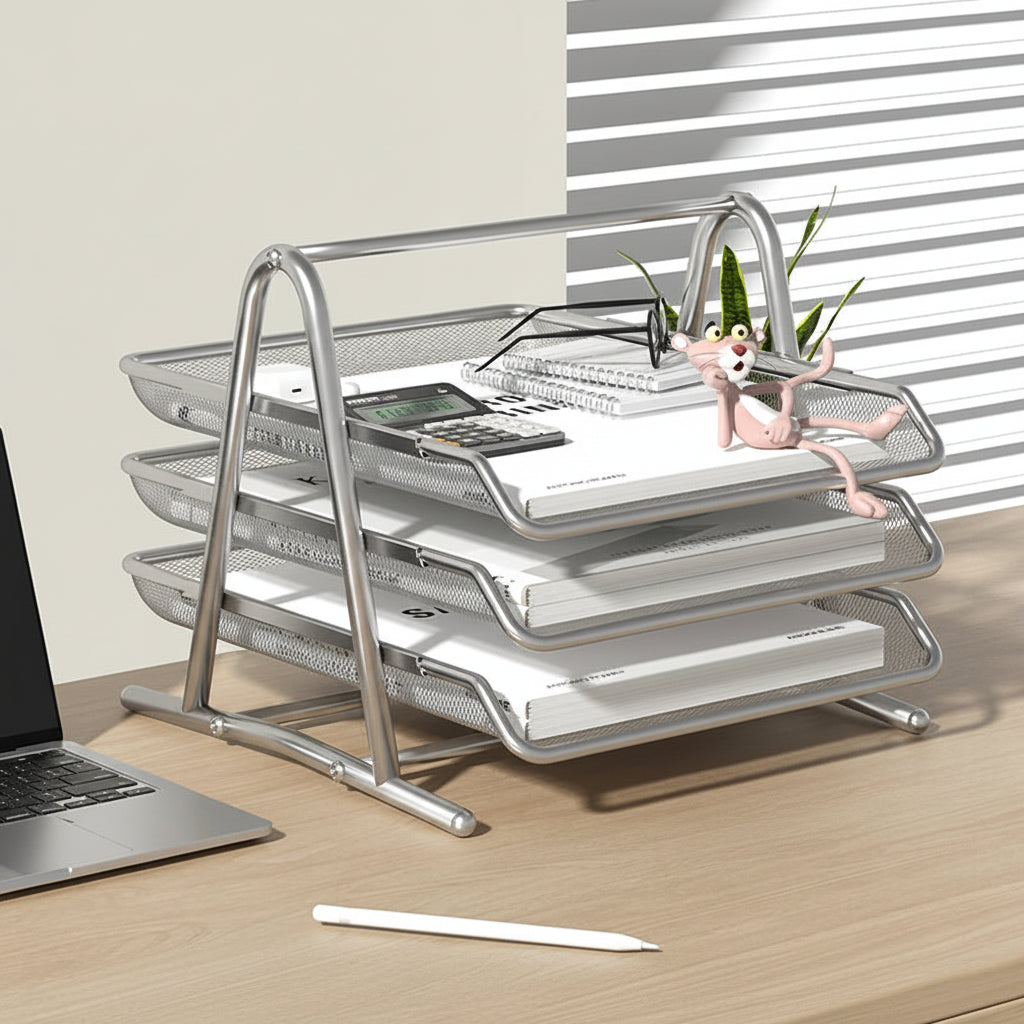 3-tier silver desktop storage tray.