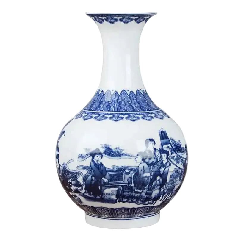 White vase with blue decorative patterns on a white background