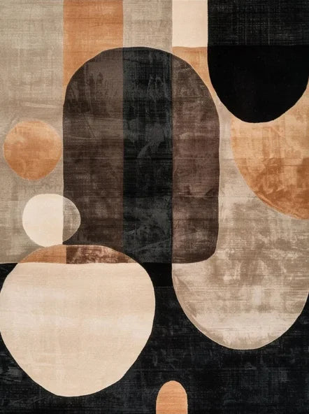 Abstract patterned rug with geometric shapes in brown, black, and beige.