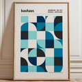 Bauhaus abstract cotton canvas print with blue and black geometric grid design and cream background