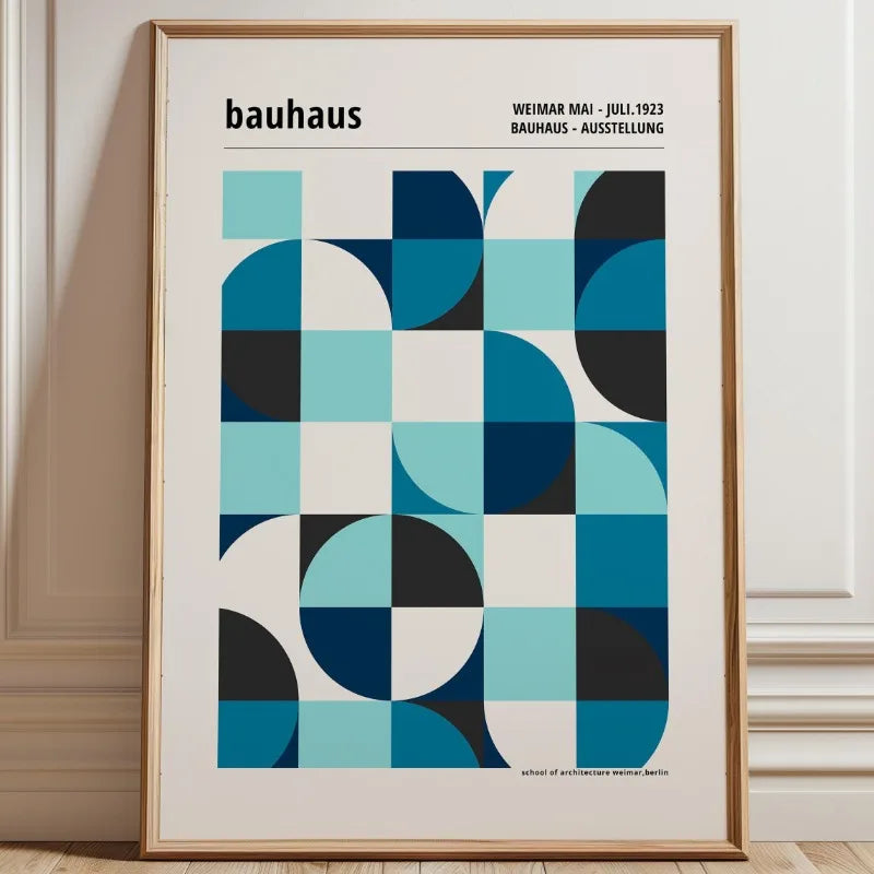 Bauhaus abstract cotton canvas print with blue and black geometric grid design and cream background