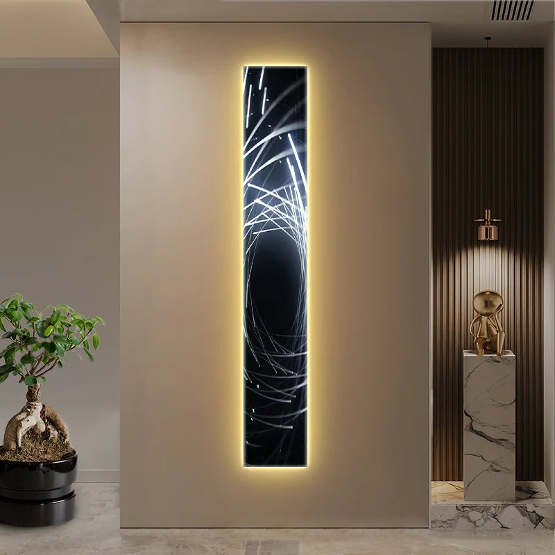Decorative wall art with a cracked glass design illuminated by LED lights in a modern interior setting.