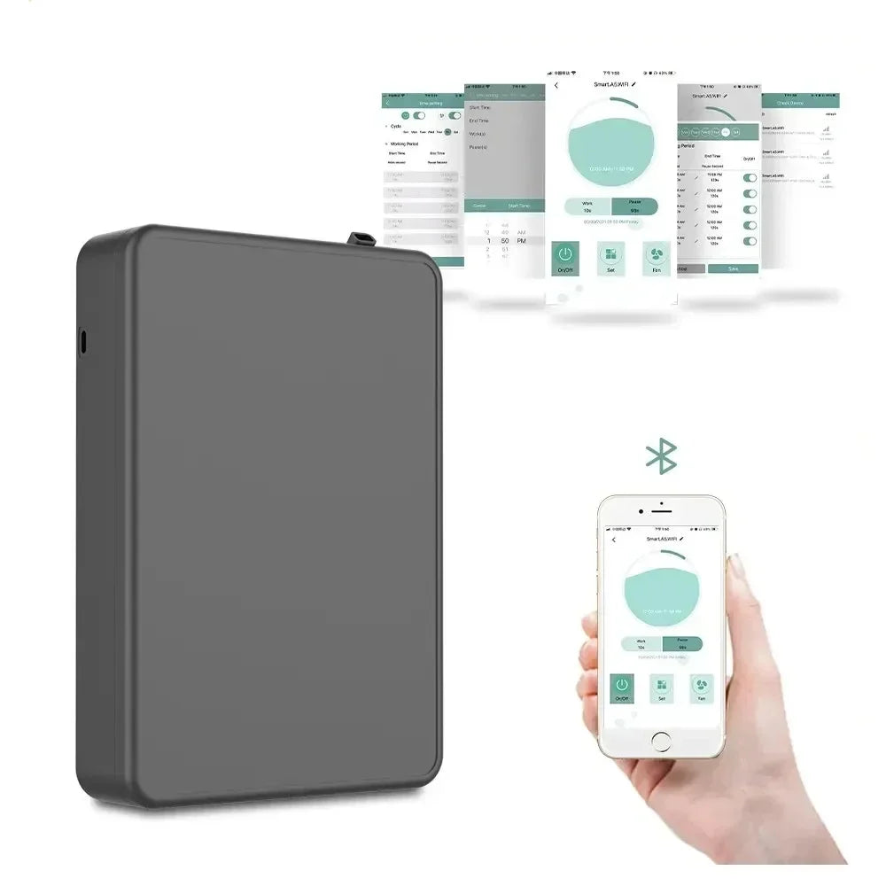 Grey electronic aromatherapy device with smartphone app interface on a white background