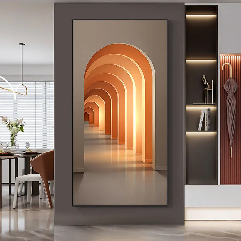 Orange arched corridor wall light in aluminium frame