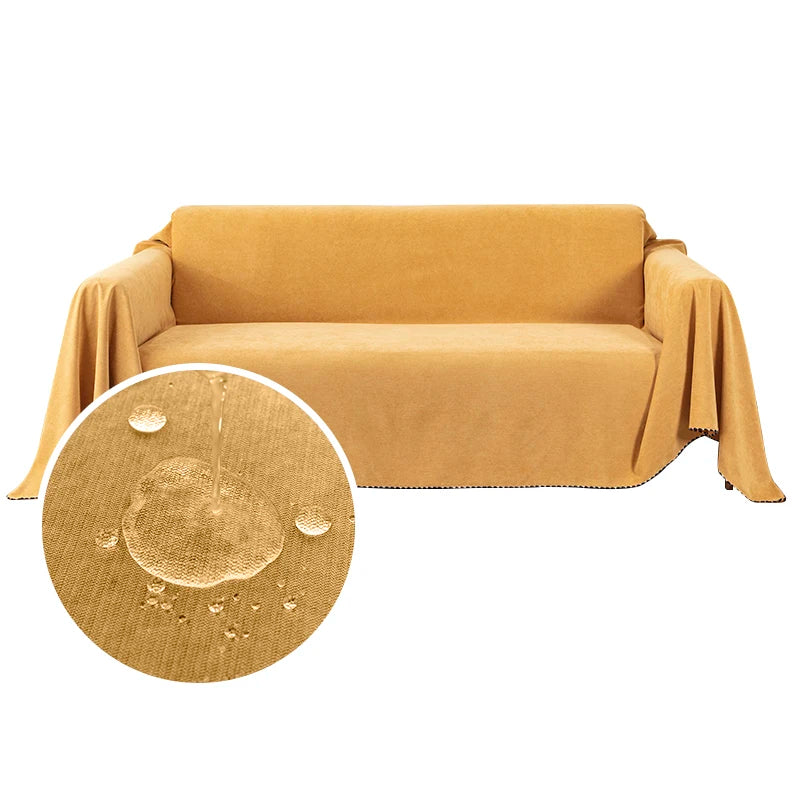 Waterproof jacquard sofa cover in warm mustard on a modern sofa