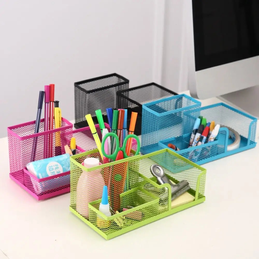 Colorful mesh desk organizers with stationery items on a desk.