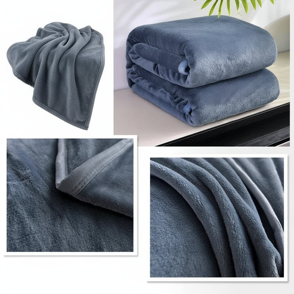 Folded grey blanket with close-up details on a white background