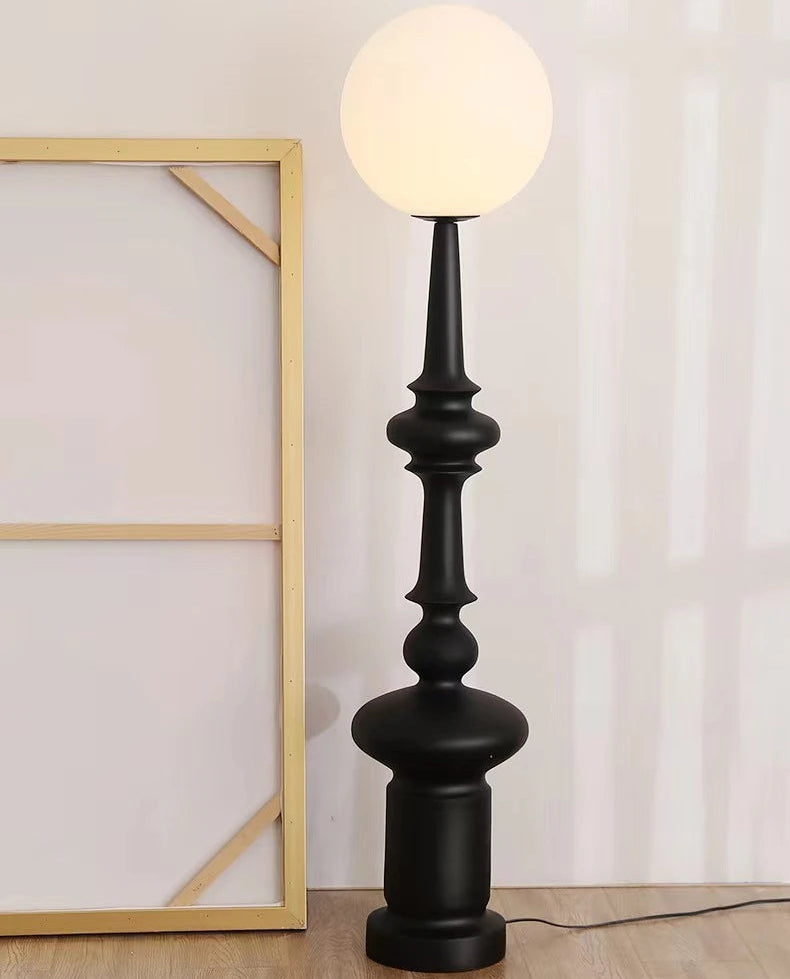 Black globe floor lamp with totem base, frosted shade, D30cm x H136cm, E27 LED