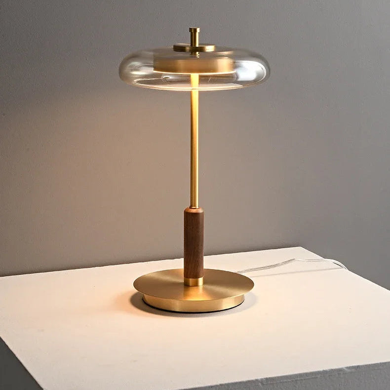 Modern copper and glass table lamp with a clear halo shade – 40.5cm height