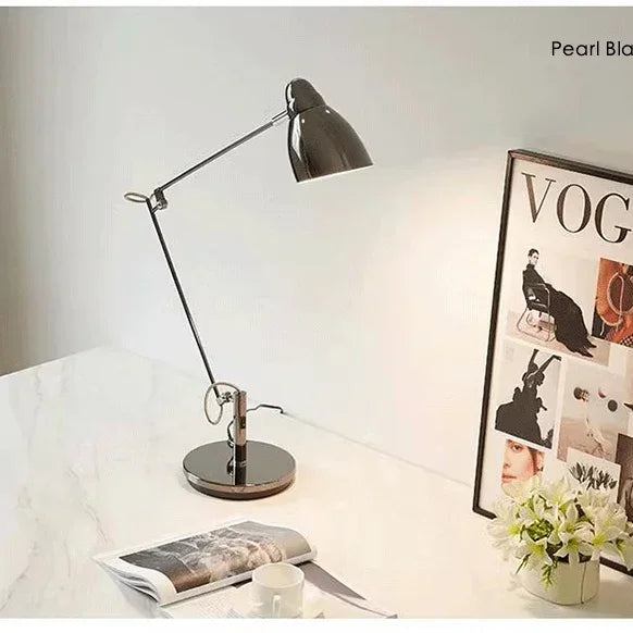 Adjustable aluminium desk lamp with long arm, brushed dark metallic finish, 80cm height, 70cm reach, 19cm base