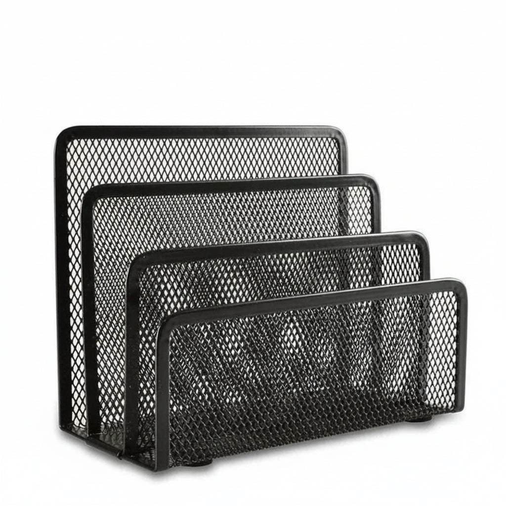 Set of three black mesh desk organisers on a white background