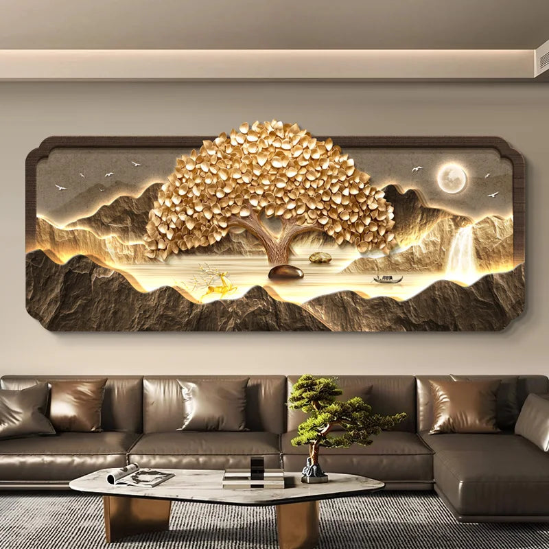 Decorative LED wall art of a tree with mountains and moon over a living room sofa.