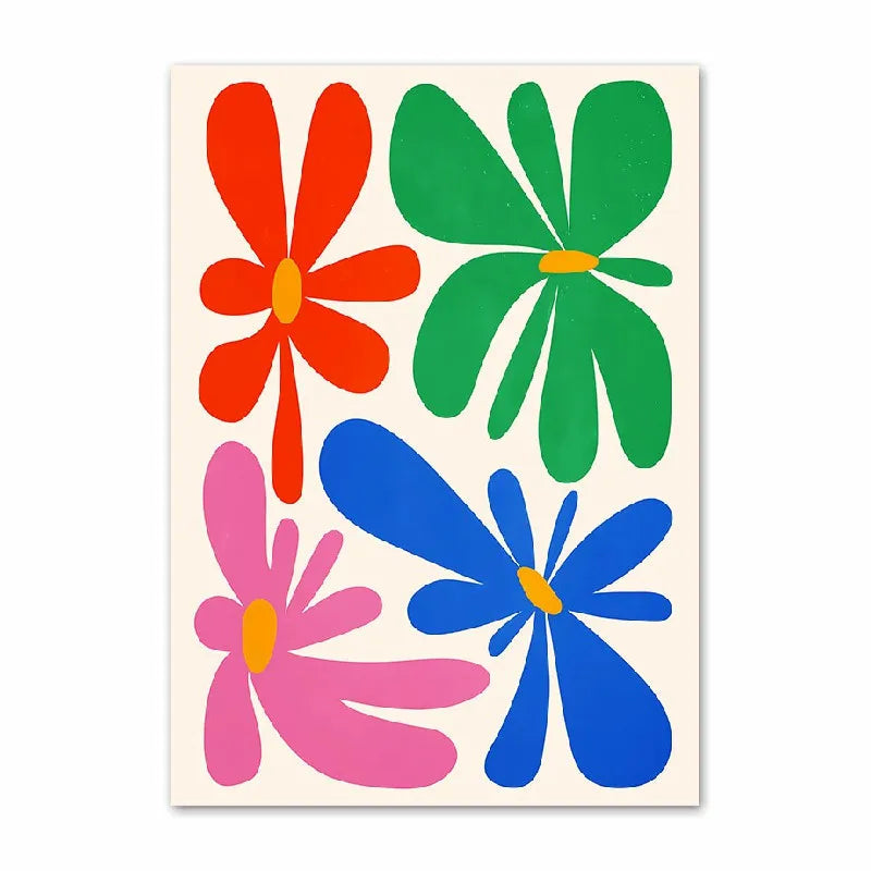 Four colourful flower shapes on a beige background