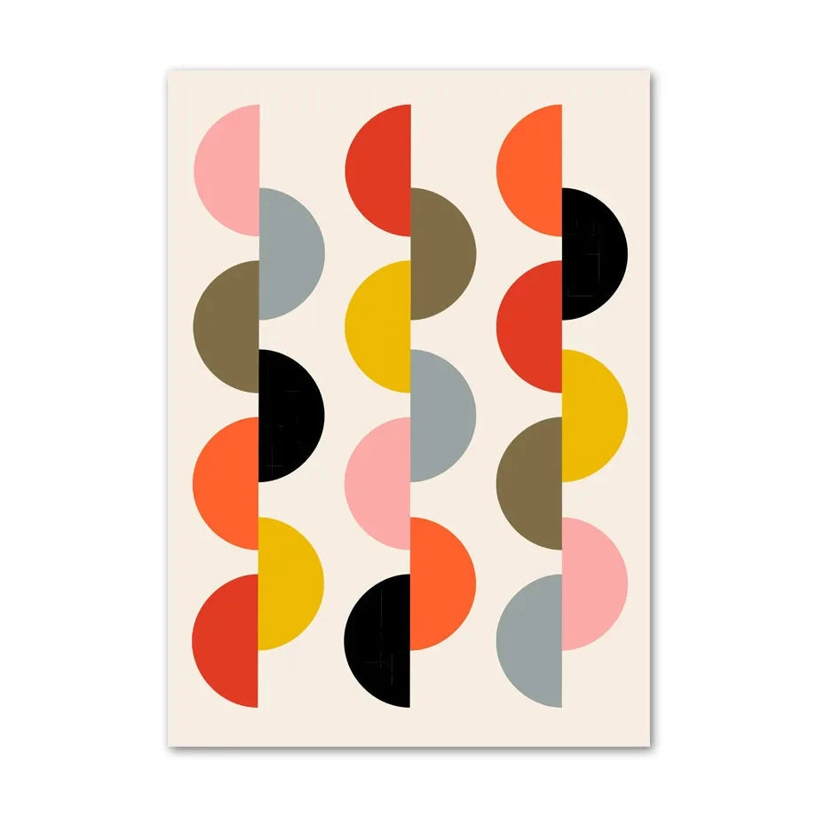 Modern abstract canvas print with repeating vertical half-circle forms in pink, grey, red, yellow, black, and olive