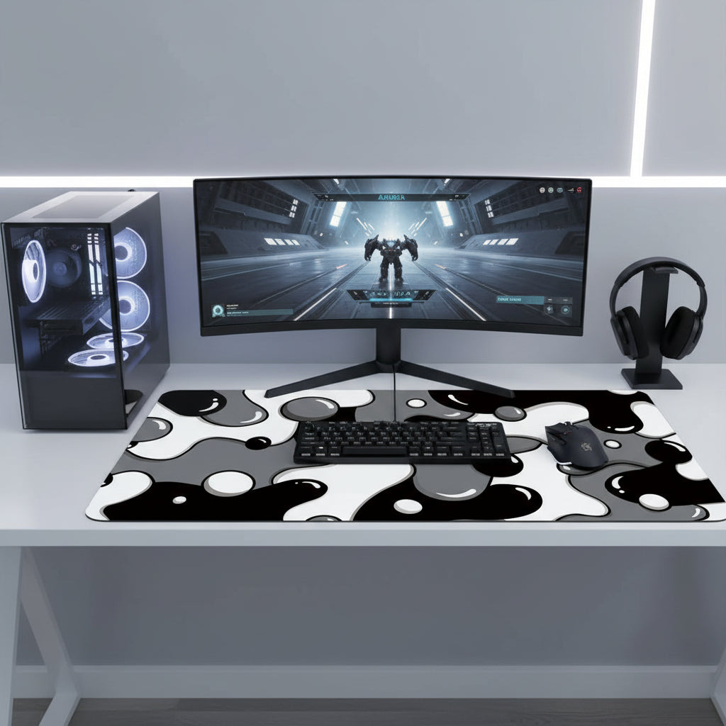 Compact black, white and grey mouse pad measuring 45 x 40cm.