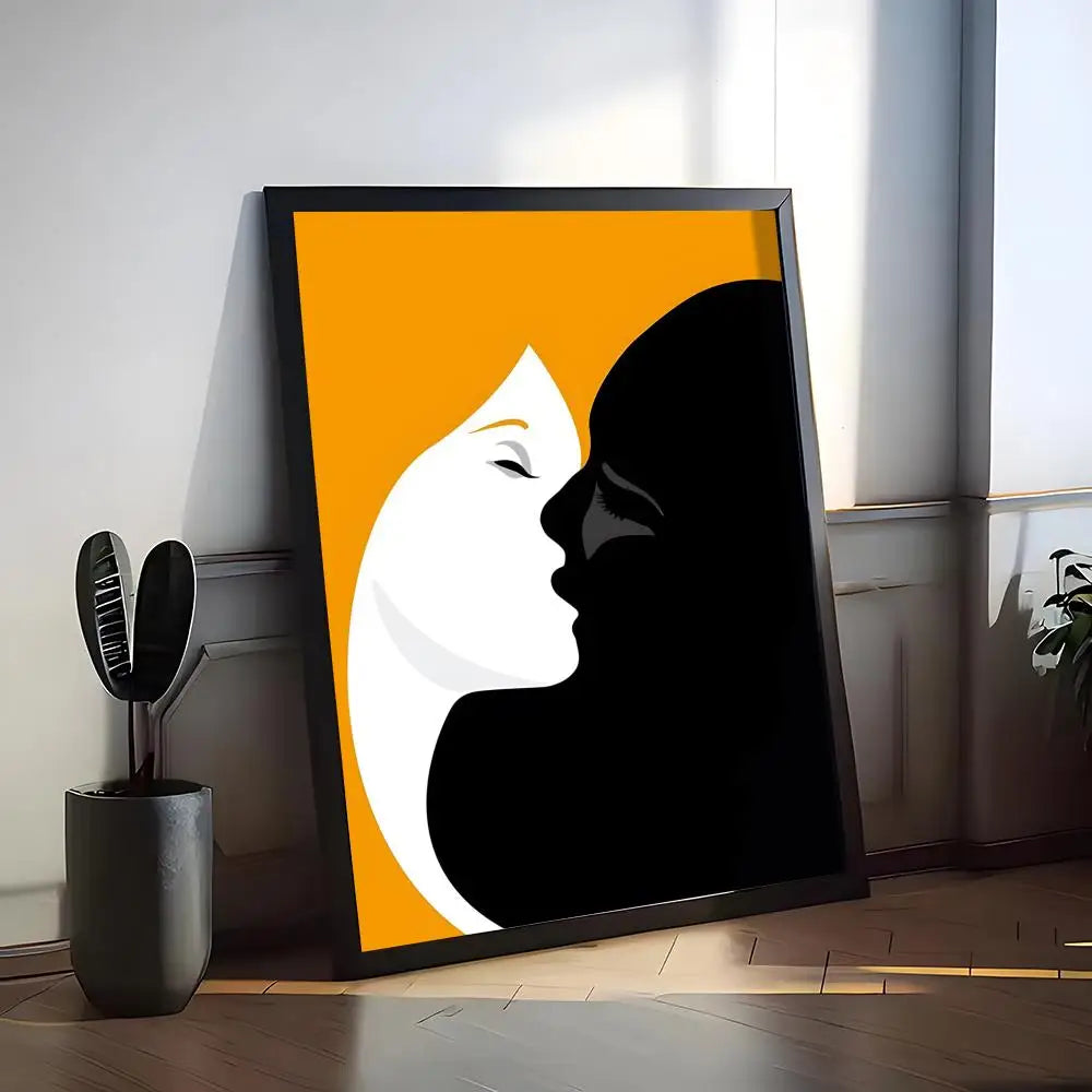 Bold orange and black silhouette of a face-to-face profile on canvas.