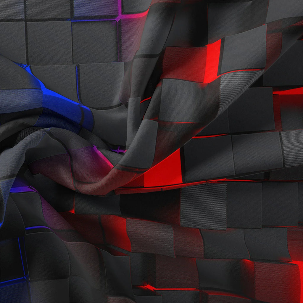 Abstract 3D pattern with red and blue accents on a dark background