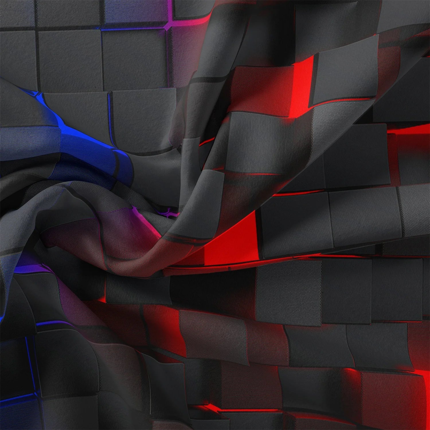 Abstract 3D pattern with red and blue accents on a dark background