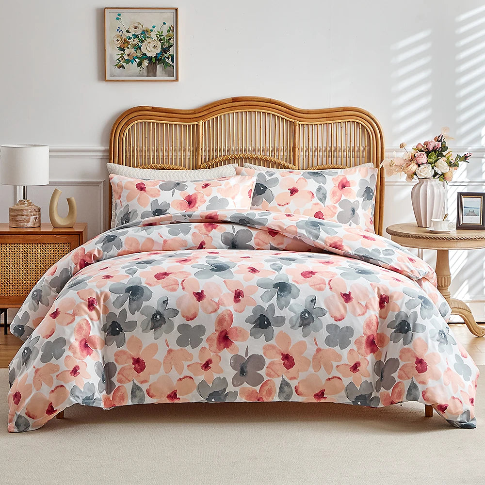 Blush floral duvet cover set with grey and pink watercolour flowers and matching pillowcases