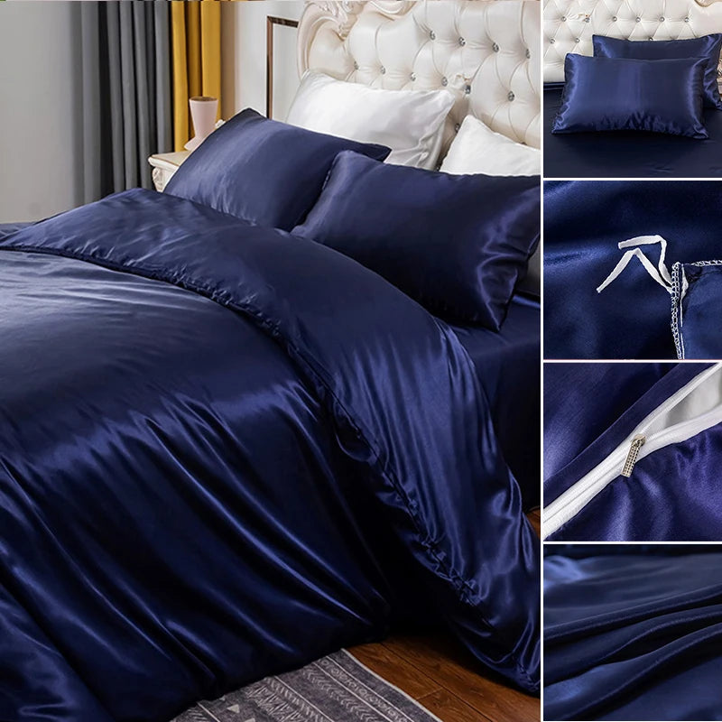Navy satin bedding set on a bed with close-up details.