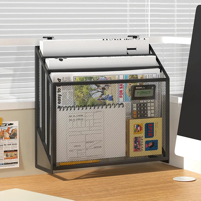 Black wall-mounted metal mesh storage tray