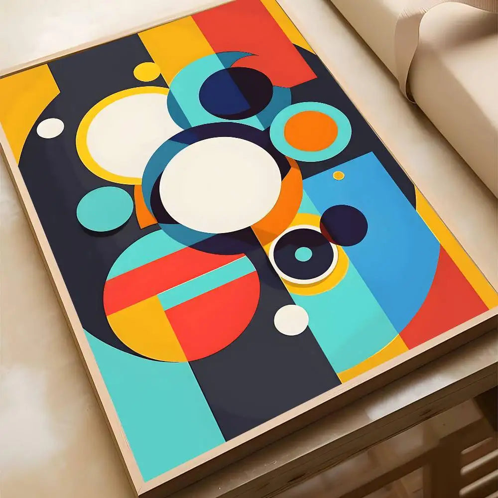 Vibrant abstract canvas print featuring layered circles and geometric shapes in teal, orange, navy, red, and yellow on a dark background, in a wood frame.