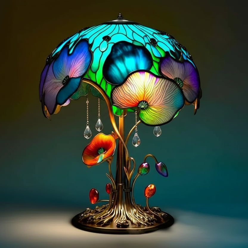 Colourful, floral-stained resin mushroom lamp with artistic metal base
