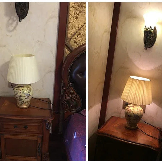 Two images of a lamp on a wooden table with a decorative wall sconce.