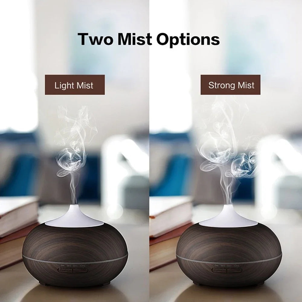 Diffuser with light and strong mist options labeled on a blurred background